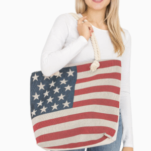 American Flag Zippered Burlap Canvas Tote Bag